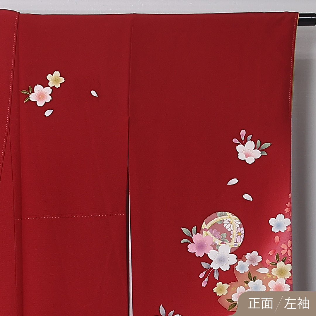 振袖 身丈160cm 裄丈66cm Sランク 正絹 袷 広衿 L 毬 桜 フォーマル 古典的 可愛らしい 赤系 1213-F0507