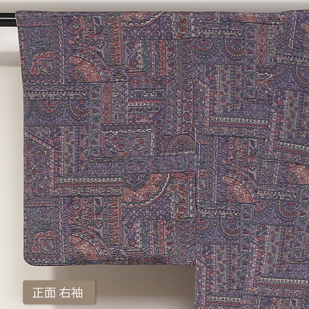 小紋 袷 身丈151cm 裄丈62cm 正絹 Sランク インフォーマル 広衿 Sサイズ 更紗 創作柄 紫系 RP 1221-01682