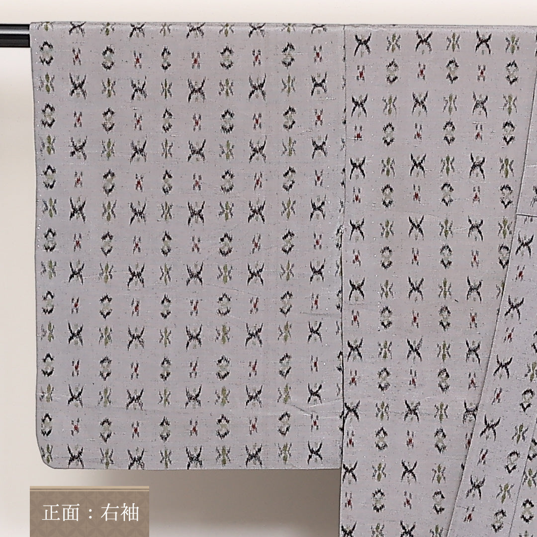 紬 単衣 身丈155cm 裄丈65cm 正絹 Cランク Mサイズ バチ衿 カジュアル 居敷当て 絣柄 グレー系 1216-03774