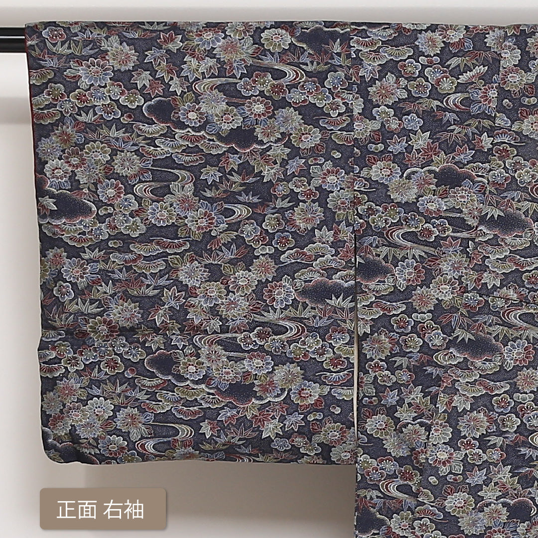 小紋 袷 身丈151cm 裄丈63cm 正絹 Aランク インフォーマル 広衿 Sサイズ 四季草花 紺系 RP 1221-01649
