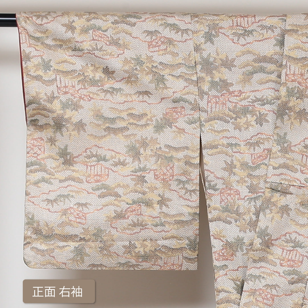 紬 袷 身丈160cm 裄丈64cm 正絹 Aランク カジュアル 広衿 Lサイズ 古典柄 クリーム系 RP 1223-03003