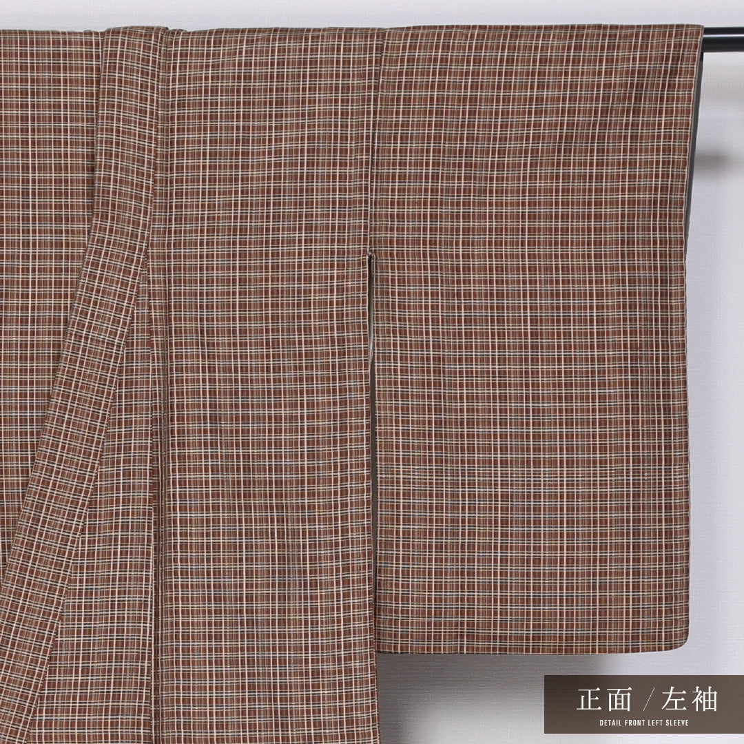 洗える着物 紬 袷 身丈149cm 裄丈63cm ポリエステル Sランク カジュアル バチ衿 XSサイズ 格子 茶系 RP 1223-11481