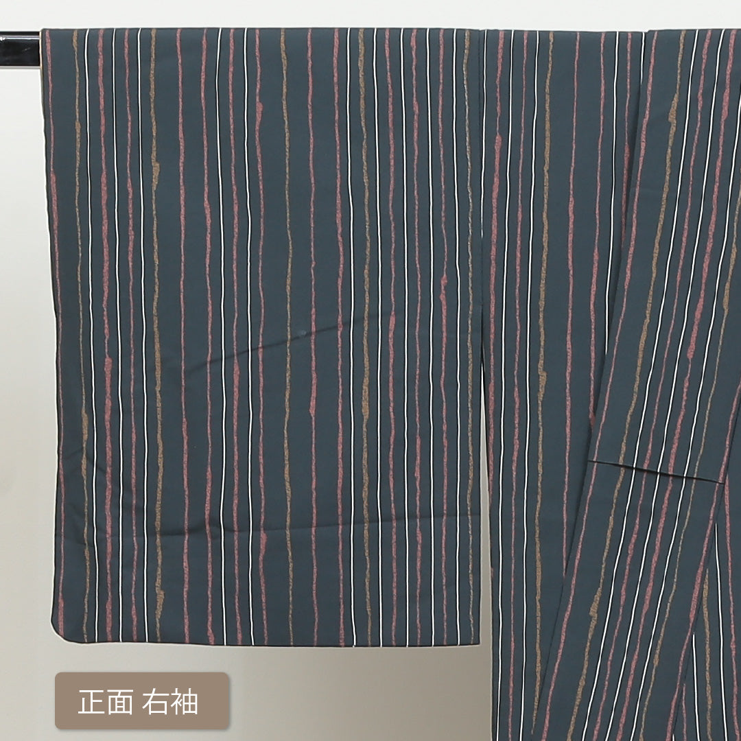 小紋 洗える着物 袷 身丈156cm 裄丈67cm ポリエステル Bランク Mサイズ 広衿 インフォーマル よろけ縞 紺系 緑系 1215-00971