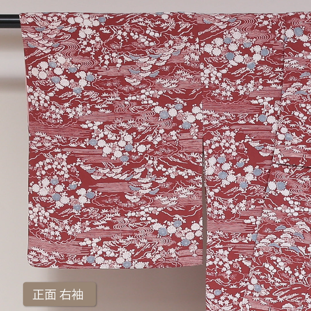 小紋 袷 身丈153cm 裄丈64cm 正絹 Aランク インフォーマル 広衿 Sサイズ 流水 菊 笠松 赤系 RP 1221-01748