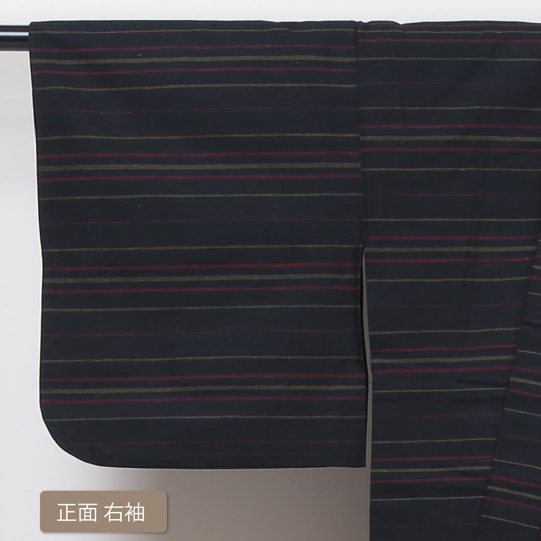紬 単衣 身丈149cm 裄丈62cm 正絹 Aランク カジュアル バチ衿 XSサイズ 居敷当て 縞 黒系 RP 1223-02898
