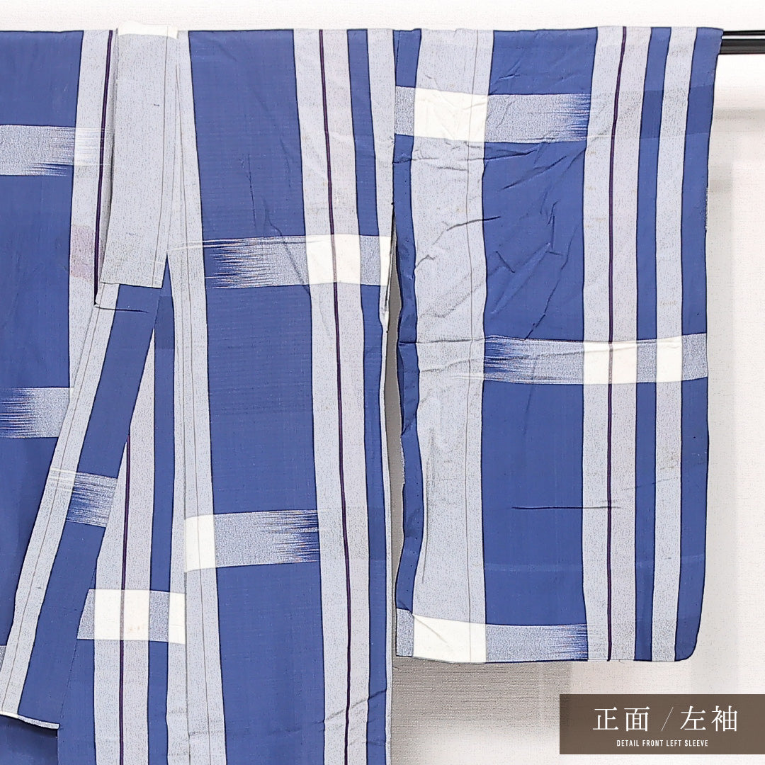 アンティーク 夏物 お召 夏物 身丈141cm 裄丈65cm 正絹 Dランク バチ衿 XSサイズ 創作柄 青系 GP 1222-13358