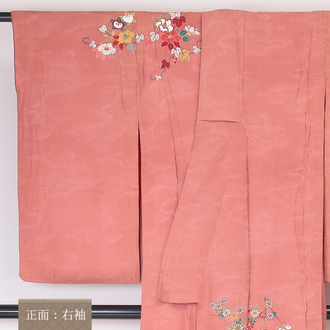 アンティーク 訪問着 (錦紗) 袷 身丈153cm 裄丈62cm 正絹 Aランク 紋意匠 (吉祥文様) 広衿 Sサイズ 牡丹 ピンク系 RP 1217-04502