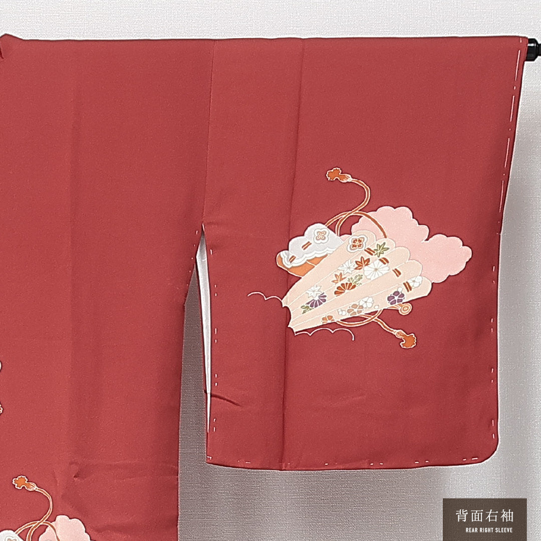 道行コート 袷 身丈89cm 裄丈65cm 正絹 Sランク カジュアル Mサイズ ポケットあり 扇 赤系 RP 1237-14632