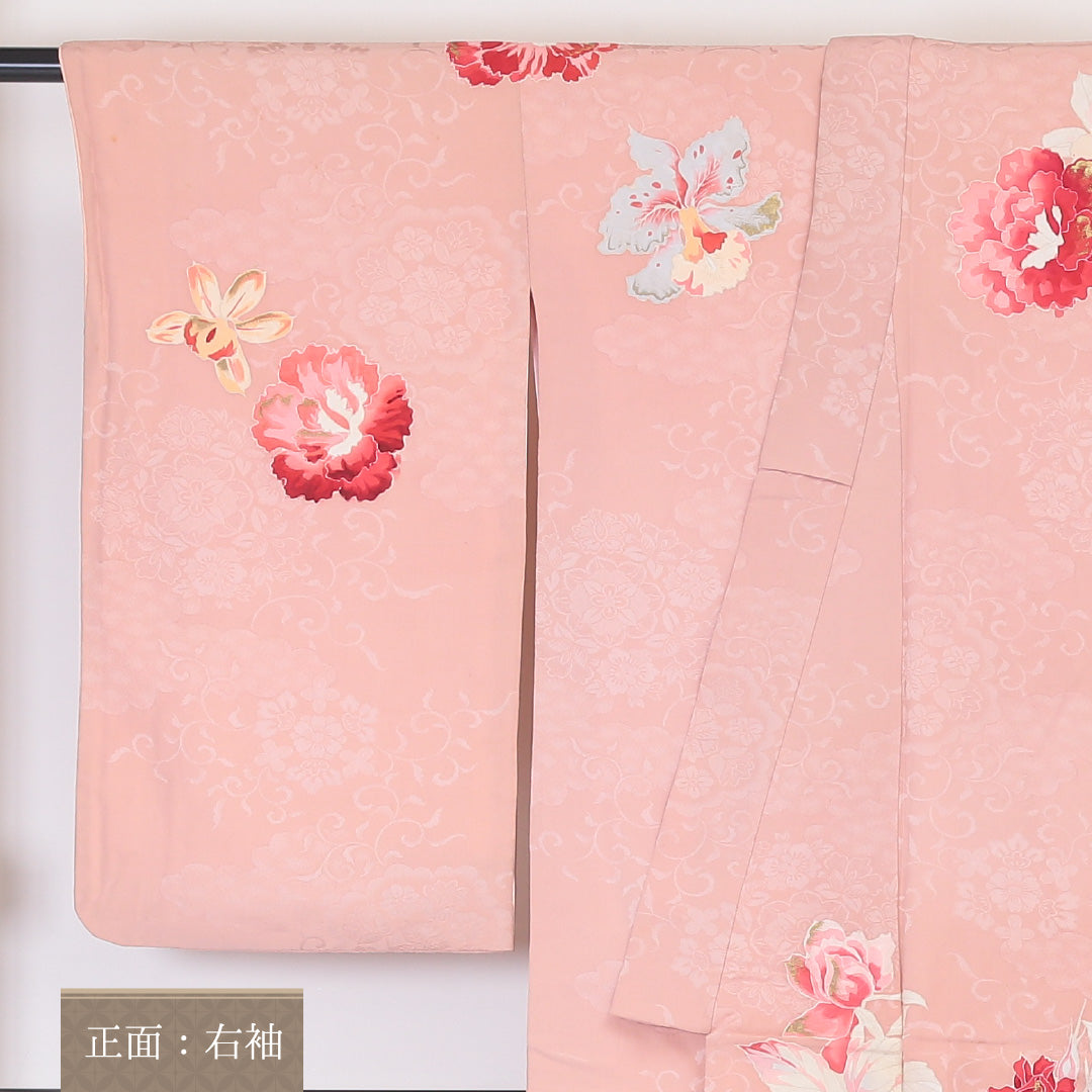 アンティーク 訪問着 袷 身丈148cm 裄丈66cm 正絹 Cランク 一つ紋 バチ衿 XSサイズ 金彩 薔薇 ピンク系 PO 1217-04493