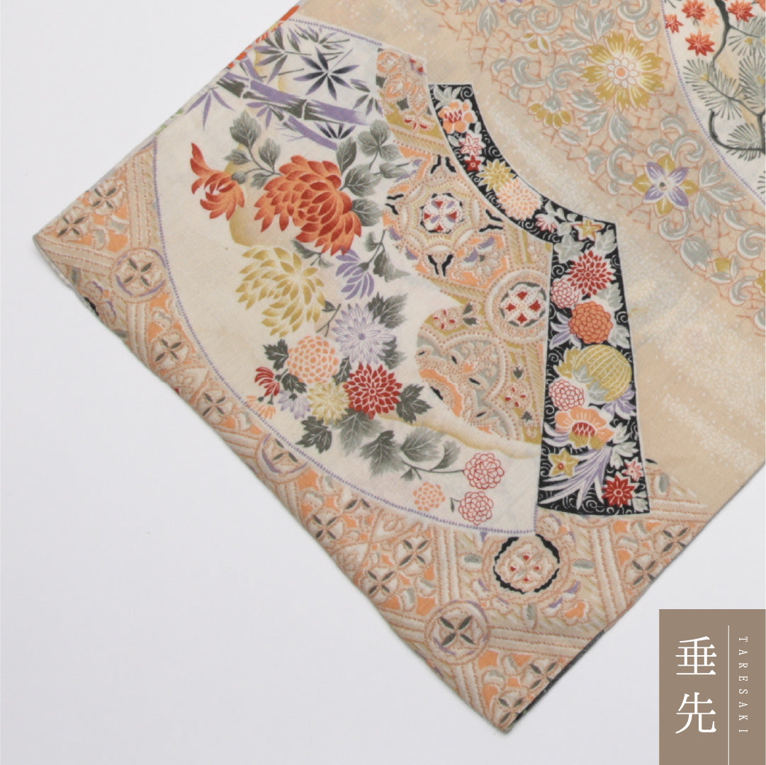 アンティーク 名古屋帯 帯丈360cm Aランク 開き仕立て 全通 木綿 檜扇 唐花 桜 リバーシブル セミフォーマル クリーム系 1224-01589