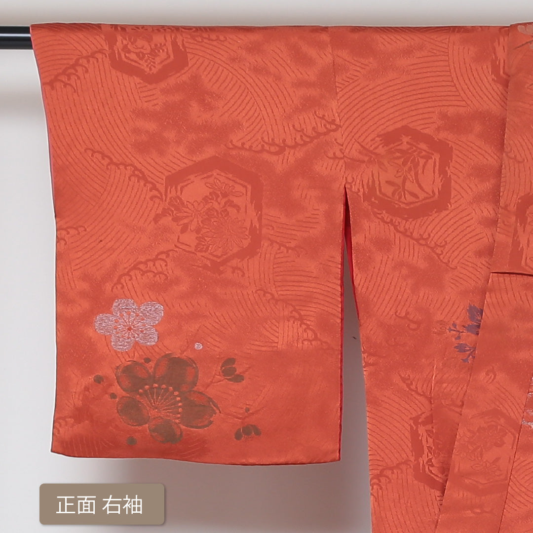 アンティーク 小紋 袷 身丈148cm 裄丈64cm 正絹 Bランク バチ衿 XSサイズ 花柄 朱系 GP 1221-01500
