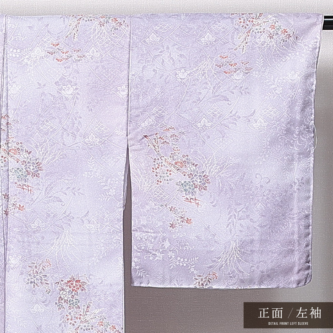 未使用品 洗える着物 小紋 袷 身丈156cm 裄丈63cm ポリエステル Nランク インフォーマル 広衿 Mサイズ しつけ糸 吉祥文様 紫系 RP 1221-14913