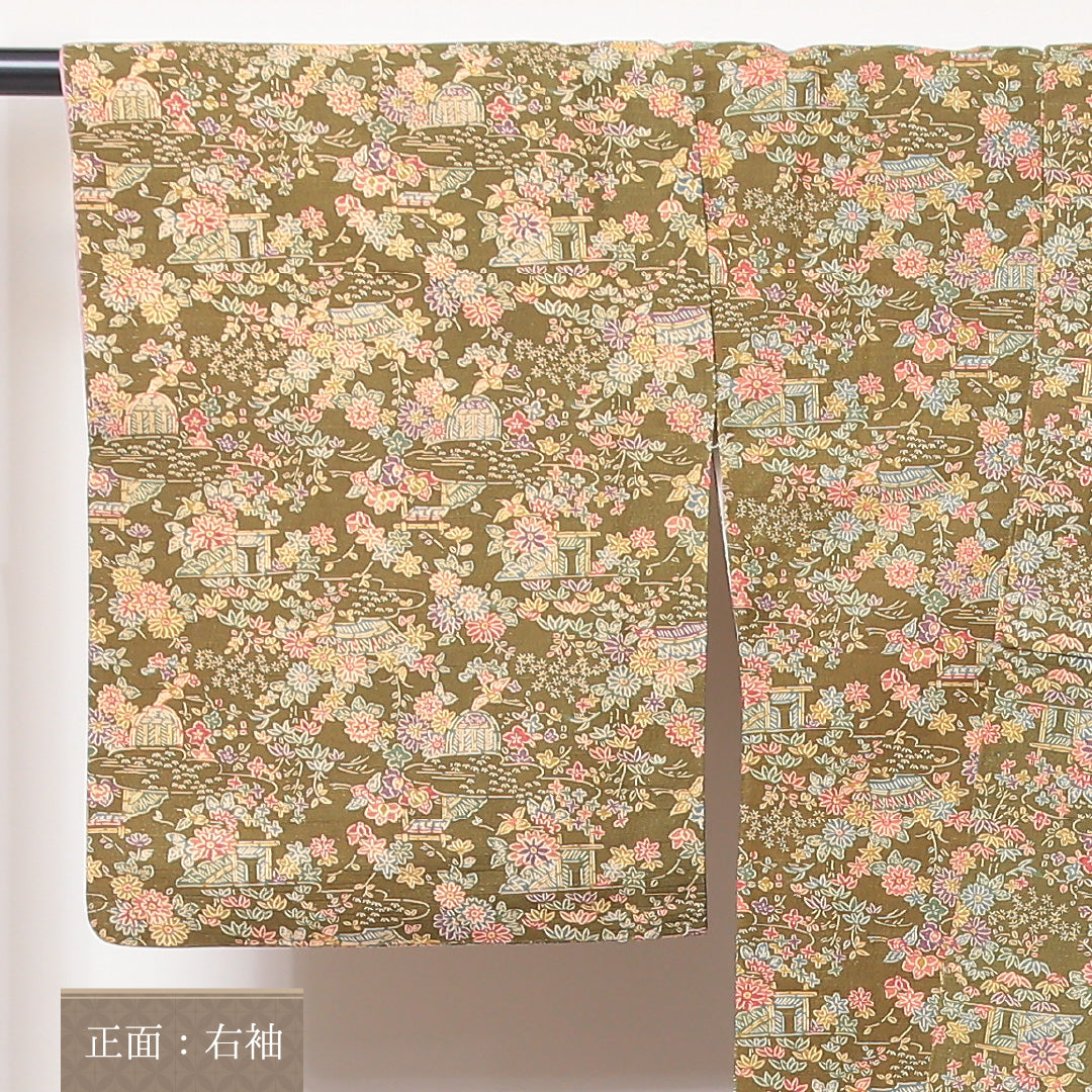 小紋(紬) 袷 身丈159cm 裄丈66cm 正絹 Sランク Mサイズ 広衿 インフォーマル 茶屋辻 緑系 1215-02226