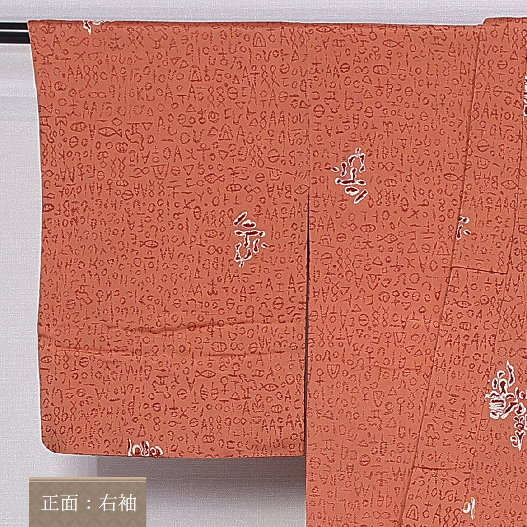 アンティーク お召 袷 身丈154cm 裄丈62cm 正絹 Aランク バチ衿 Sサイズ 創作柄 朱系 RP 1222-11004