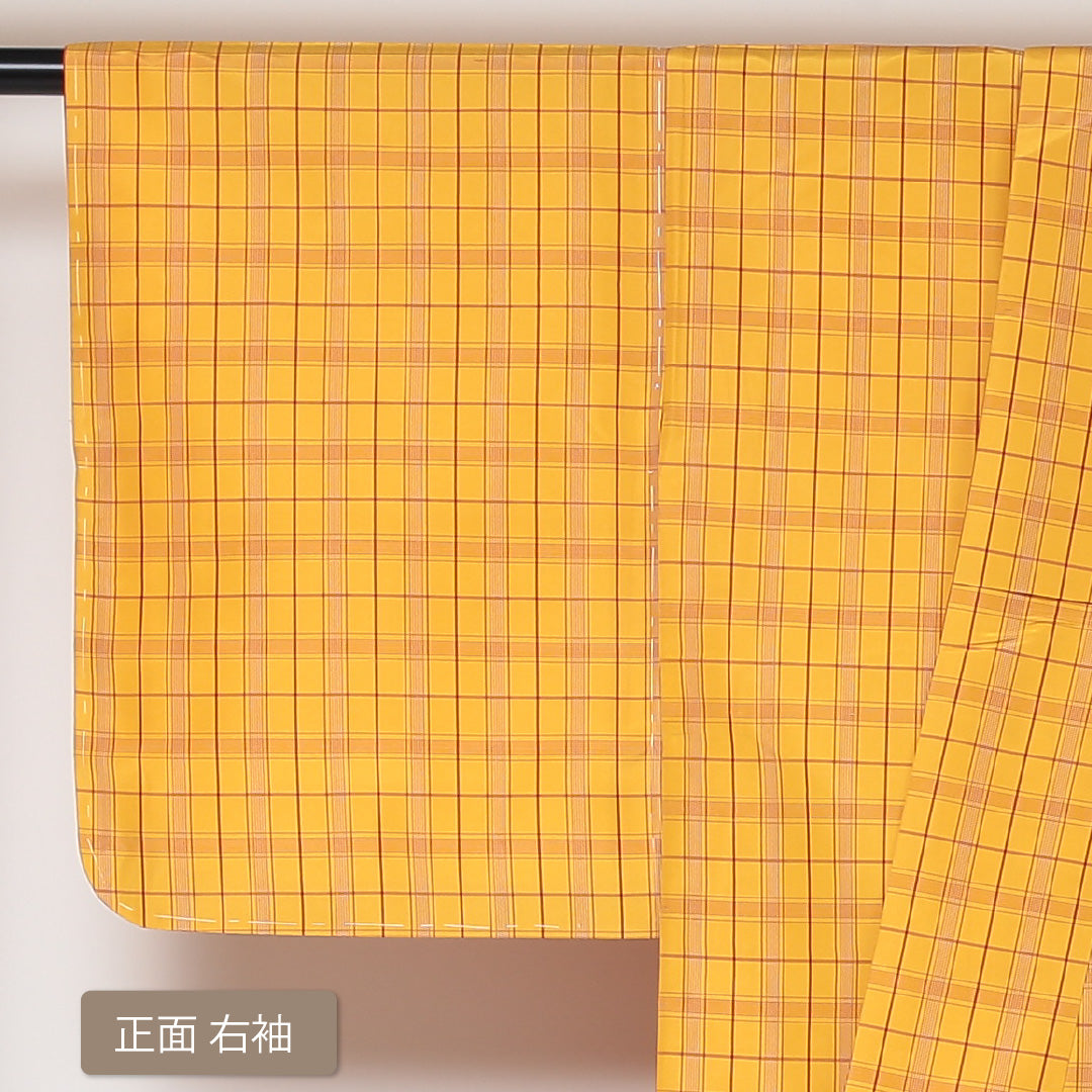 洗える着物 紬 袷 身丈162cm 裄丈62cm ポリエステル Sランク カジュアル 広衿 Lサイズ しつけ糸 格子 黄系 RP 1223-03080