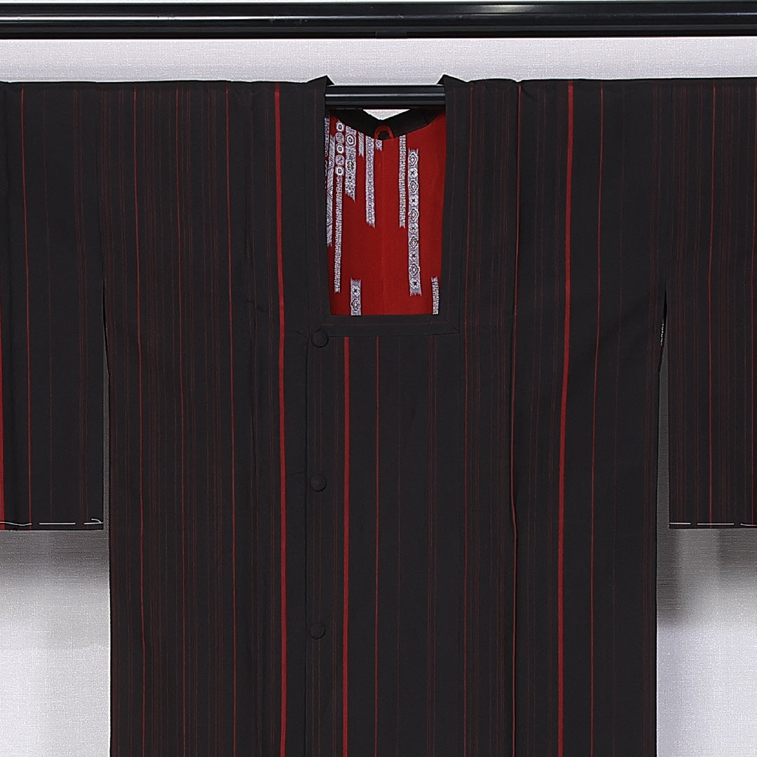 道行コート (大島紬) 袷 身丈89cm 裄丈65cm 正絹 Sランク インフォーマル Mサイズ 縞 黒系 RP 1237-10744