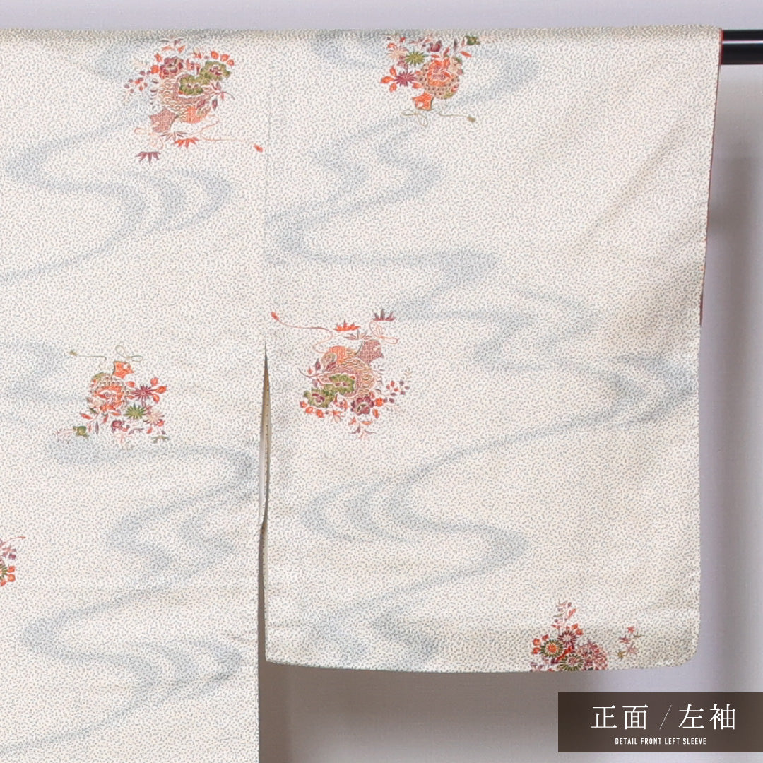 小紋 袷 身丈154cm 裄丈64cm 正絹 Aランク インフォーマル 広衿 Sサイズ 流水 小槌 クリーム系 RP 1221-11442