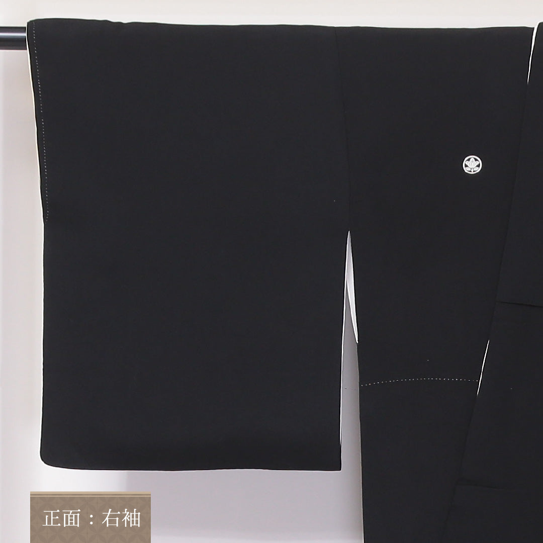 黒留袖 五つ紋 丸に橘 身丈159cm 裄丈65cm Aランク 正絹 袷 比翼 広衿 M 鶴 吉祥文様 扇 フォーマル 黒系 1211-F0234