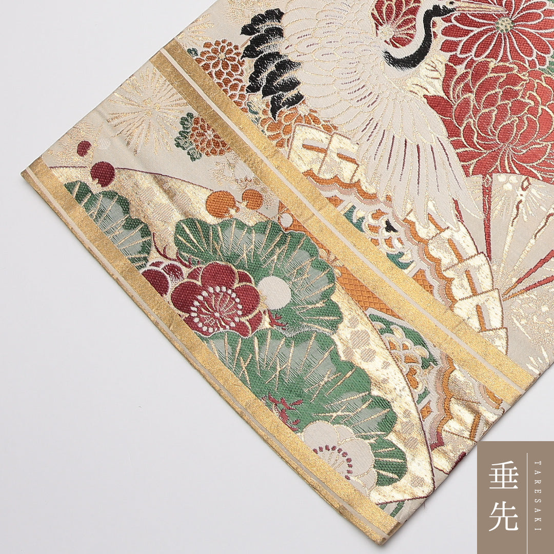 アンティーク 丸帯 帯丈372cm 正絹 全通 御所車 鶴 クリーム系 金系 1242-01189