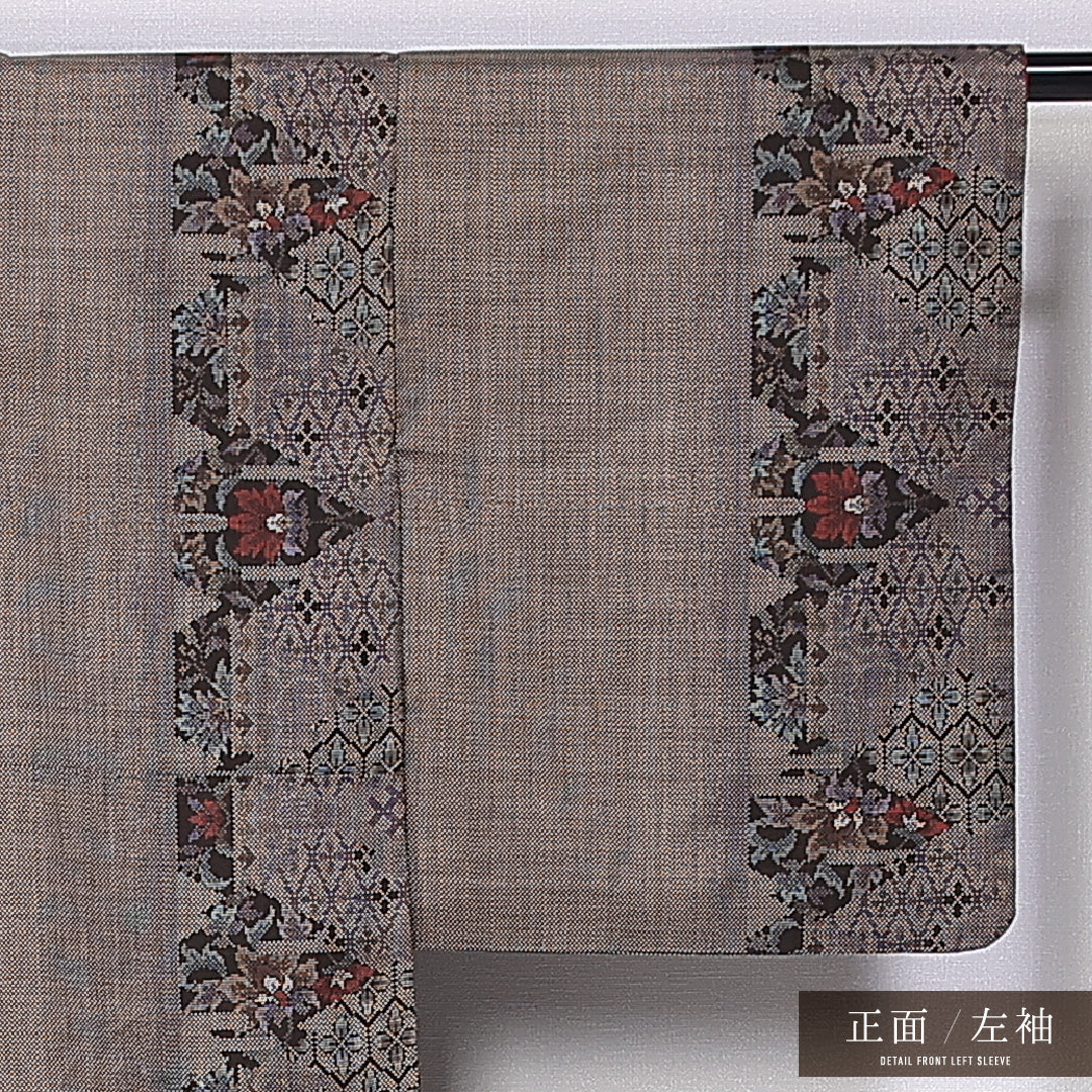 大島紬 袷 身丈155cm 裄丈64cm 正絹 Sランク インフォーマル 広衿 Mサイズ 経緯絣 花柄 花菱亀甲 茶系 M4 1223-11175