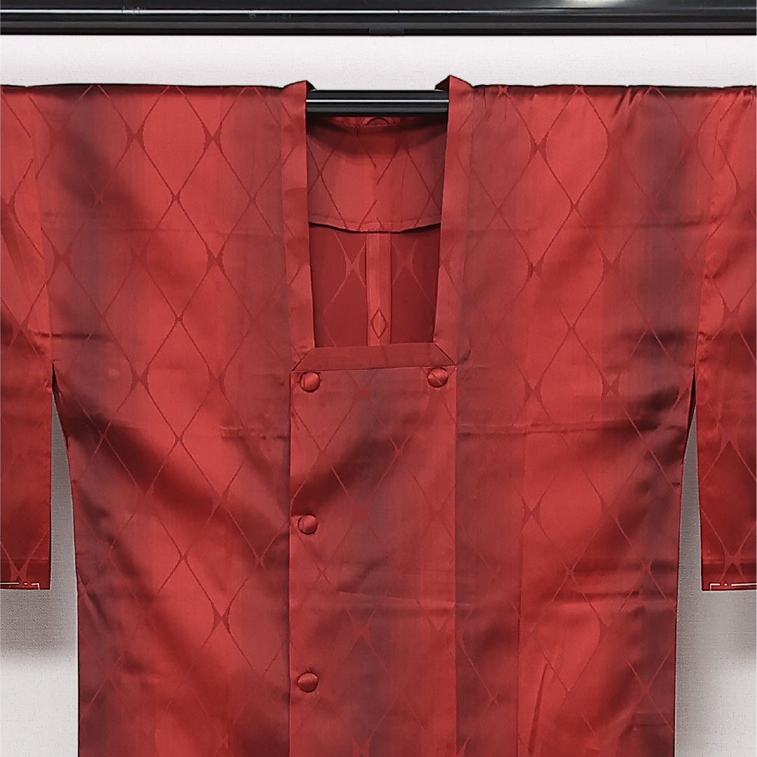 未使用品 道行コート 単衣 身丈138cm 裄丈68cm 正絹 Nランク カジュアル Lサイズ ぼかし染 ポケットあり しつけ糸 菱 赤系 RP 1237-13414