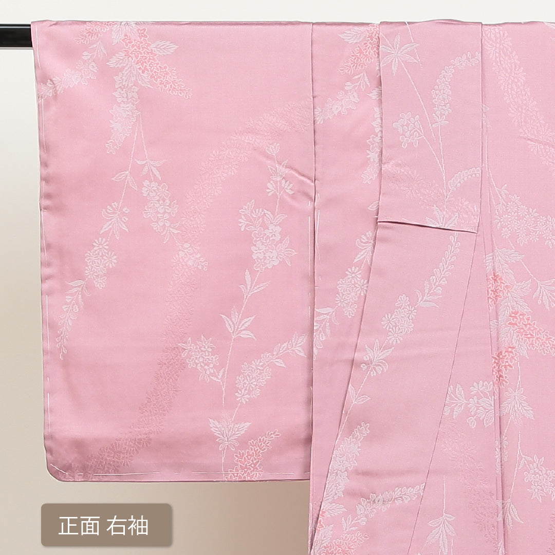 洗える着物 小紋 袷 身丈151cm 裄丈63cm ポリエステル Sランク インフォーマル 広衿 Sサイズ 織り出し しつけ糸 花柄 植物柄 ピンク系 RP 1221-00966