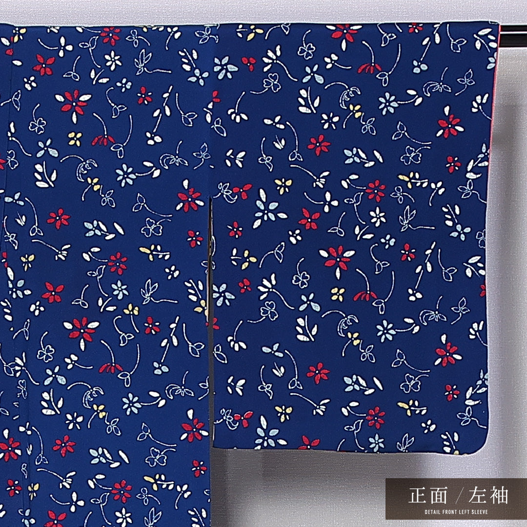 小紋 袷 身丈158cm 裄丈63cm 正絹 Aランク インフォーマル 広衿 Mサイズ 花柄 紺系 HP 1221-11058