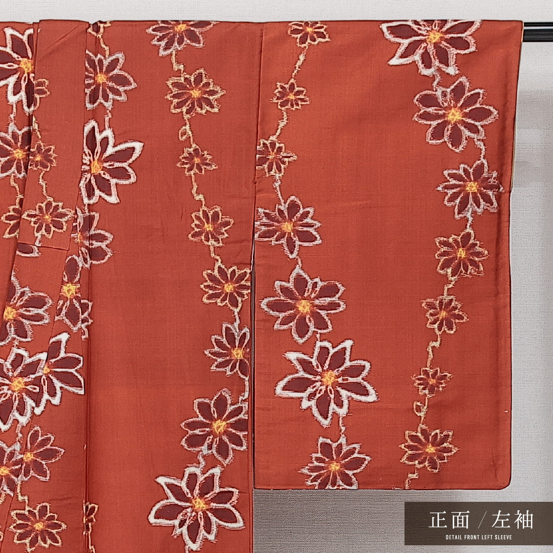 アンティーク 紬 袷 身丈154cm 裄丈65cm 正絹 Aランク バチ衿 Sサイズ 花柄 可憐 大正ロマン 朱系 HP 1223-14420
