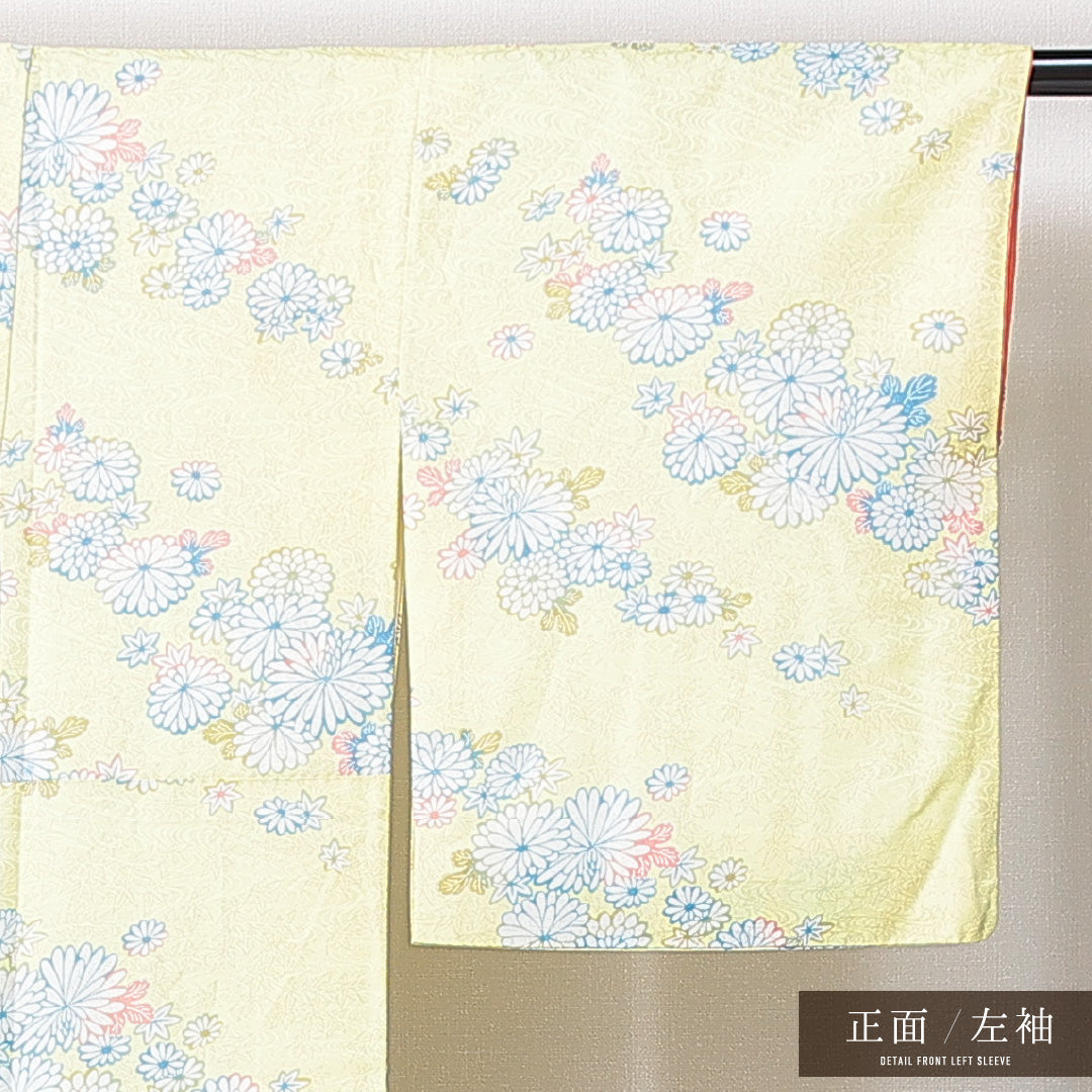 洗える着物 小紋 袷 身丈156cm 裄丈61cm ポリエステル Sランク インフォーマル 広衿 Mサイズ 菊 黄系 RP 1221-14987