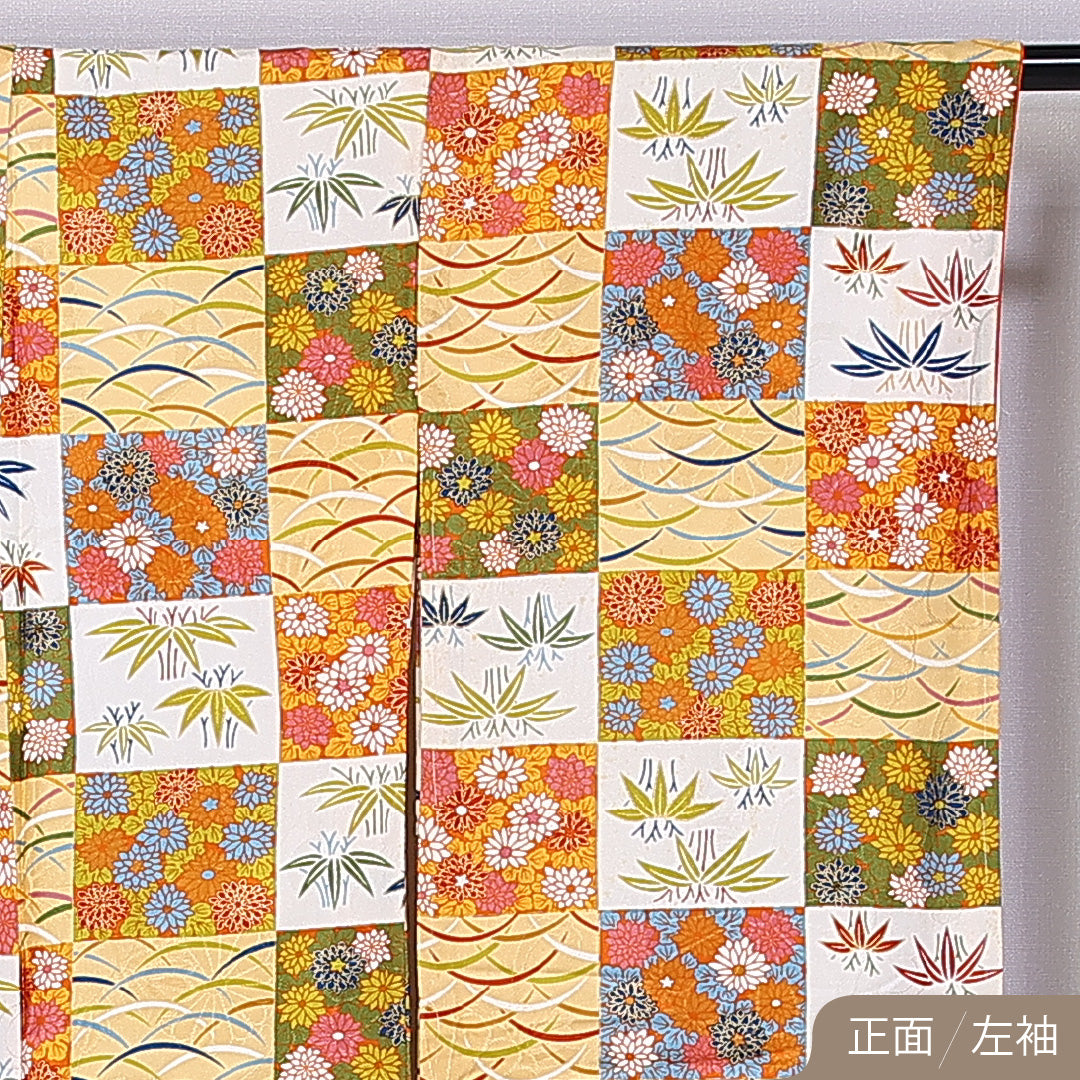 振袖 身丈158cm 裄丈63.5cm 袷 正絹 Bランク 広衿 市松模様 芝草 竹 菊 1213-F0396
