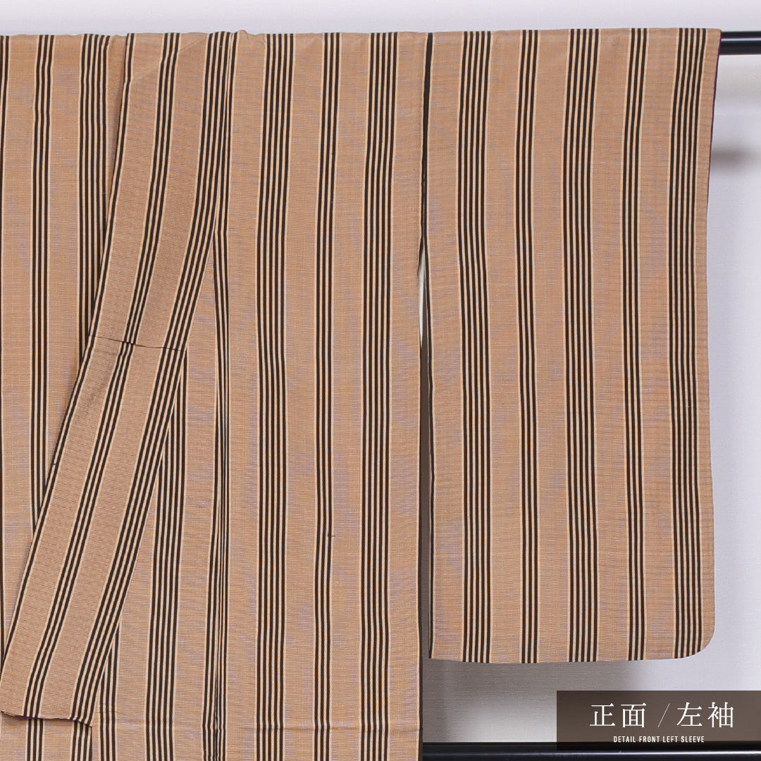 小紋 袷 身丈151cm 裄丈61cm ポリエステル 洗える着物 Cランク インフォーマル 広衿 Sサイズ 縞 素朴 落ち着き 茶系 HP 1221-11482