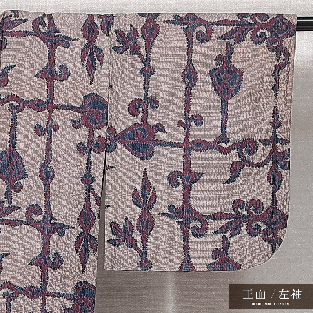 紬 単衣 身丈148cm 裄丈59cm 正絹 Cランク カジュアル バチ衿 XSサイズ 居敷当て 唐草 花柄 グレー系 LP 1223-14931