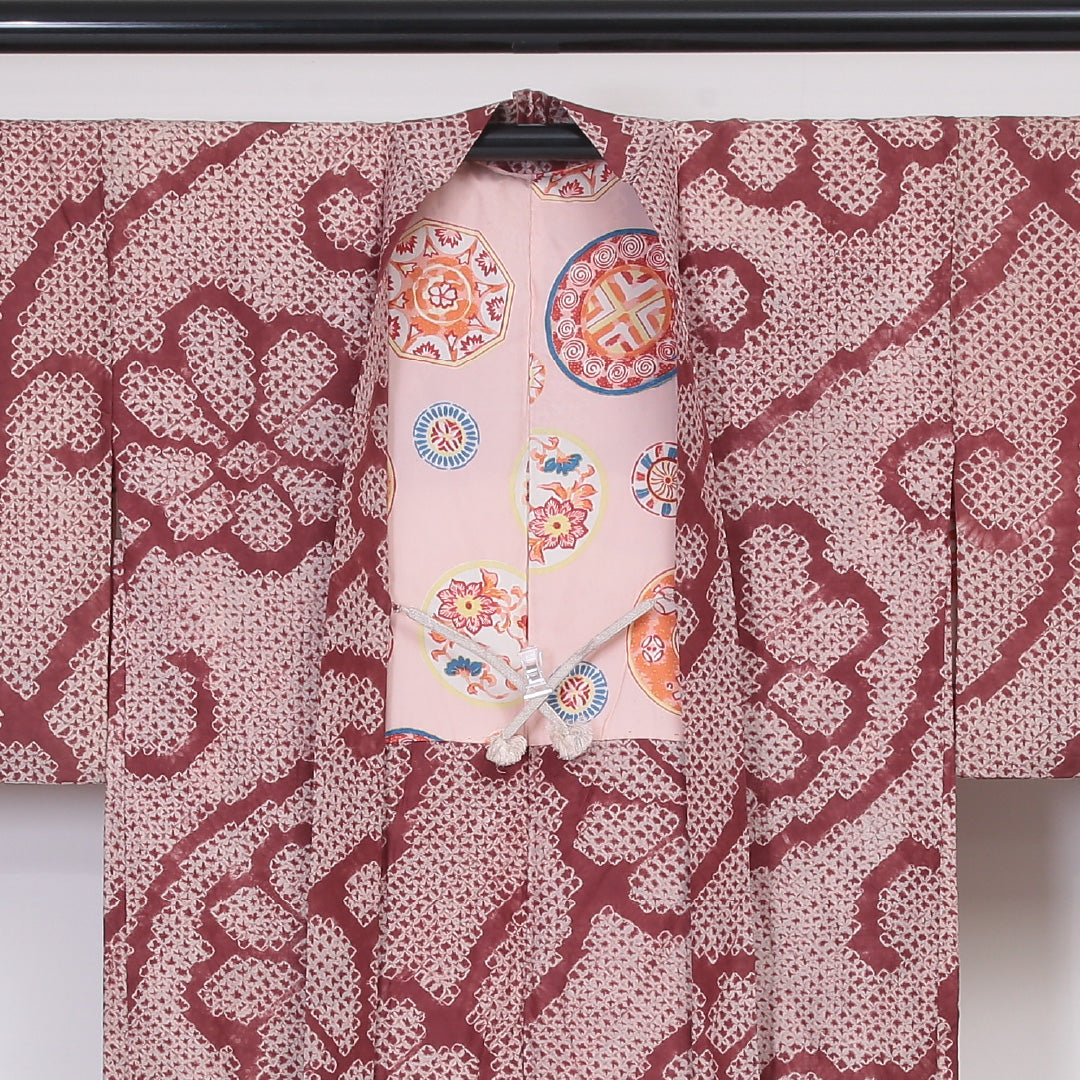 羽織 袷 身丈83cm 裄丈62cm 正絹 Aランク カジュアル Sサイズ 唐草 鹿の子柄 クリーム系 HP 1232-05810