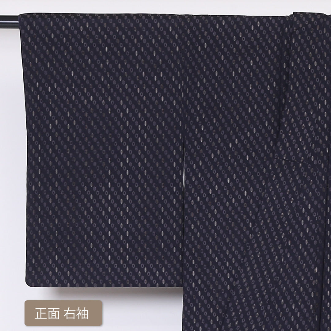 小紋 袷 身丈149cm 裄丈60cm 正絹 Sランク インフォーマル バチ衿 XSサイズ 幾何学柄 紺系 RP 1221-01935