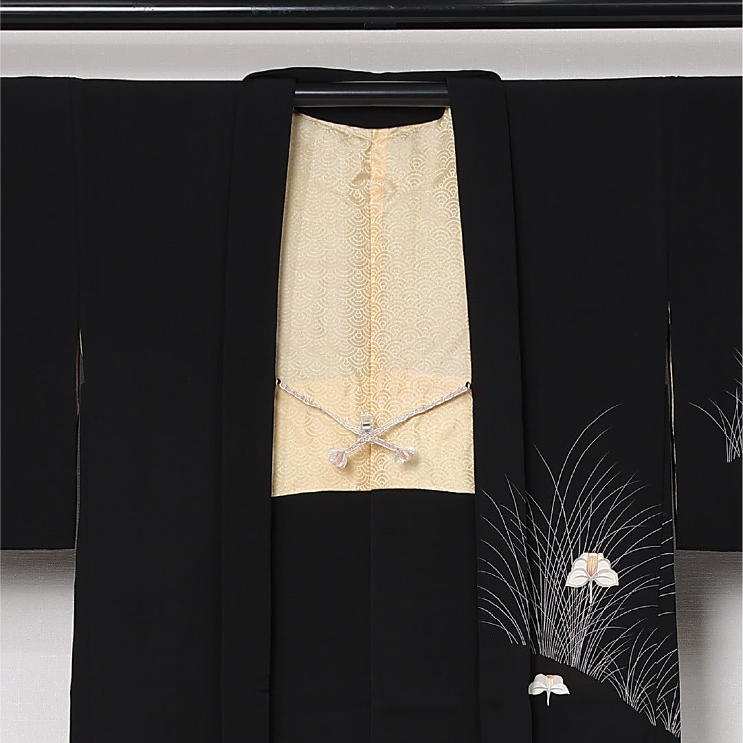 黒羽織 袷 身丈77cm 裄丈64cm 正絹 Aランク インフォーマル Mサイズ 紐あり 花柄 黒系 RP 1233-12758