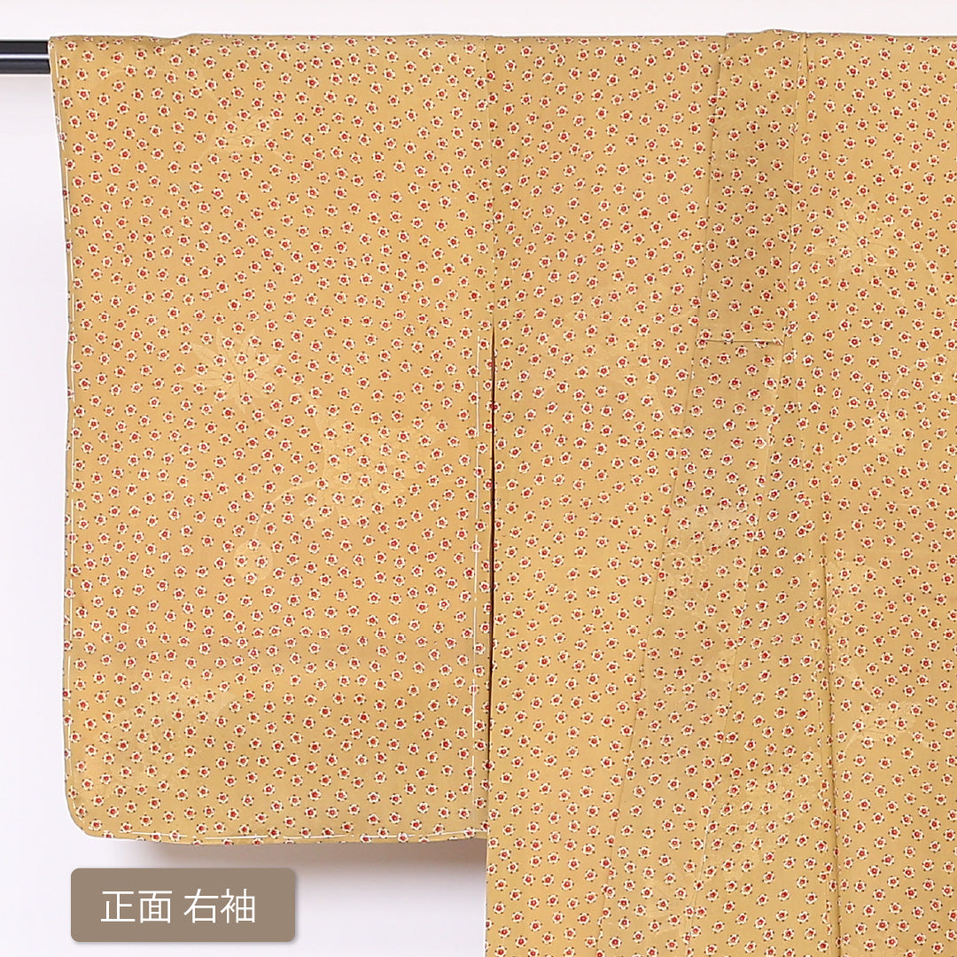 小紋 袷 身丈149cm 裄丈63cm 正絹 Cランク インフォーマル バチ衿 XSサイズ 花柄 黄系 LP 1221-01931