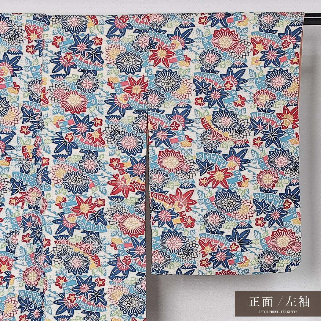 アンティーク 京紅型 小紋 身丈154cm 裄丈64cm Aランク S 正絹 袷 広衿 ポップ 扇 菊 紅葉 青系 1215-12507