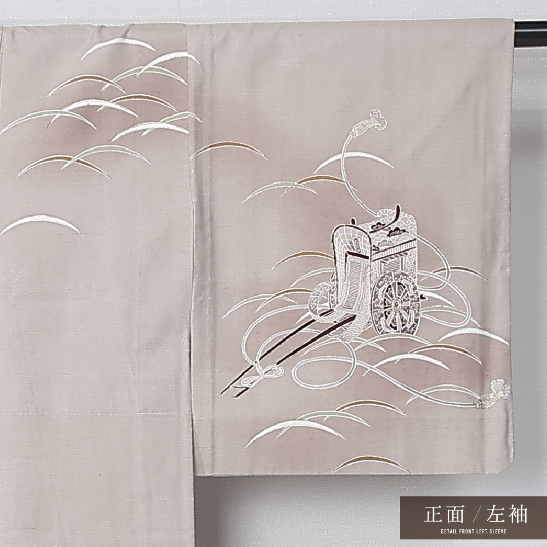 訪問着 単衣 身丈142cm 裄丈59cm 正絹 Aランク セミフォーマル 広衿 XSサイズ ぼかし染 金彩 御所車 染紬 茶系 M4 1217-12219