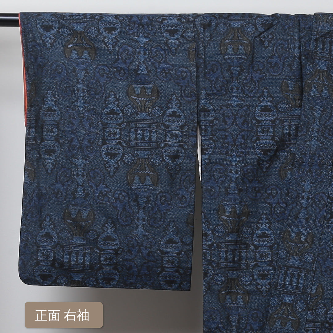 大島紬 袷 身丈151.5cm 裄62.5cm 正絹 紺系 Aランク モダン 1216004283218