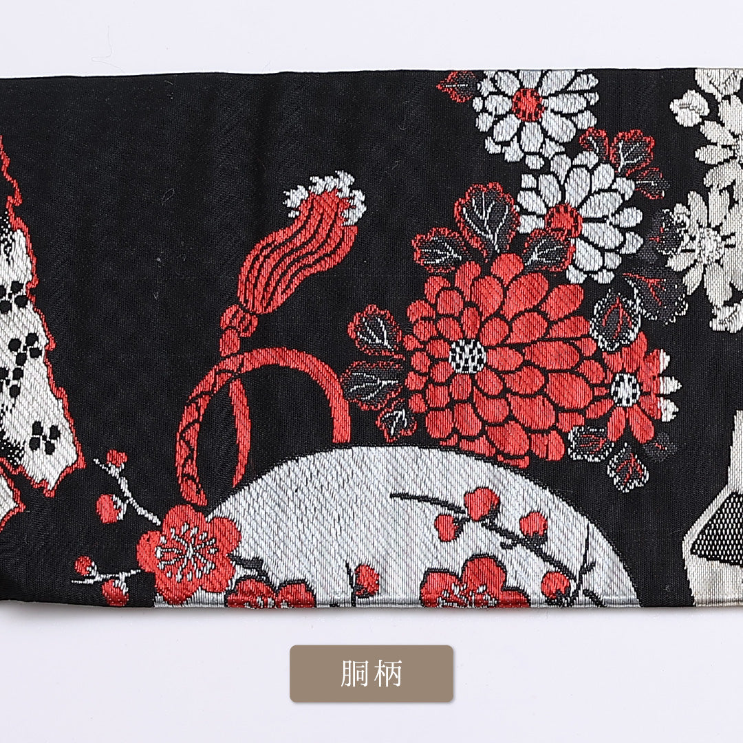 名古屋帯 帯丈325cm 六通 名古屋仕立て Aランク セミフォーマル 鶴 梅 丸紋 松 正絹 黒系 1224-01242