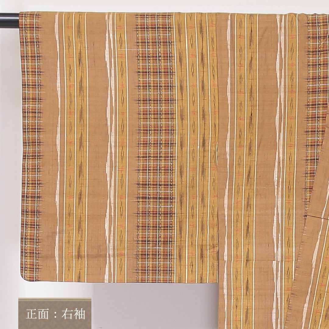 真綿紬 単衣 身丈160cm 裄丈63cm 正絹 Sランク カジュアル 広衿 Lサイズ 縞 黄系 RP 1223-03544