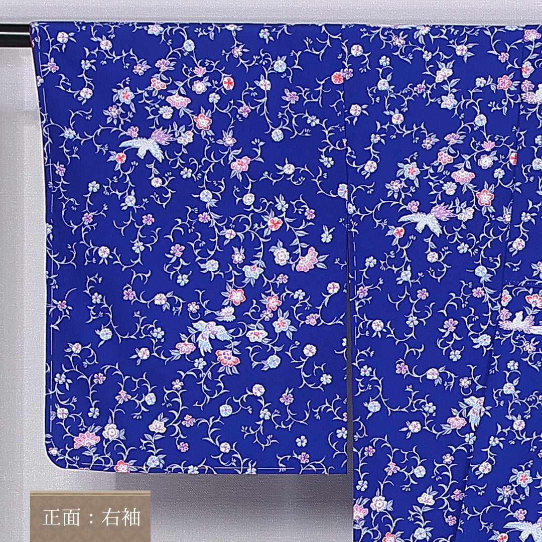 小紋 身丈160cm 裄丈64.5cm L ポリエステル Sランク 袷 洗える着物 広衿 唐草 桜 1215-10820