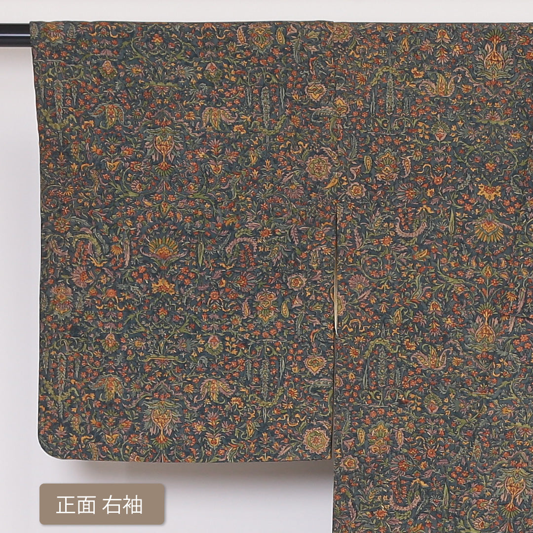 小紋 袷 身丈155cm 裄丈63cm 正絹 Aランク インフォーマル バチ衿 Mサイズ 更紗 緑系 HP 1221-01878