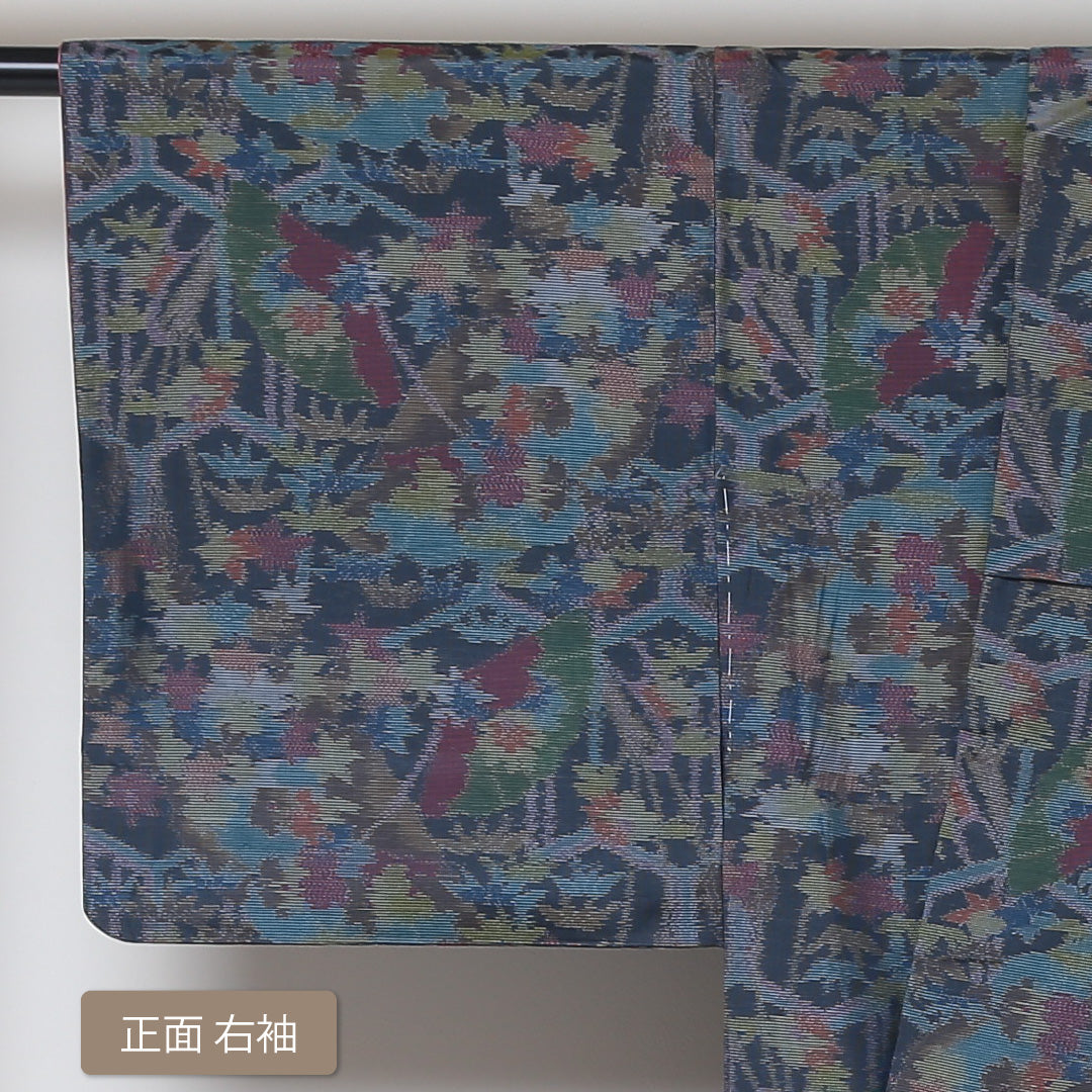 大島紬 袷 身丈157cm 裄丈65cm 正絹 Sランク インフォーマル 広衿 Mサイズ 緯総絣 花柄 植物柄 紺系 RP 1223-03037