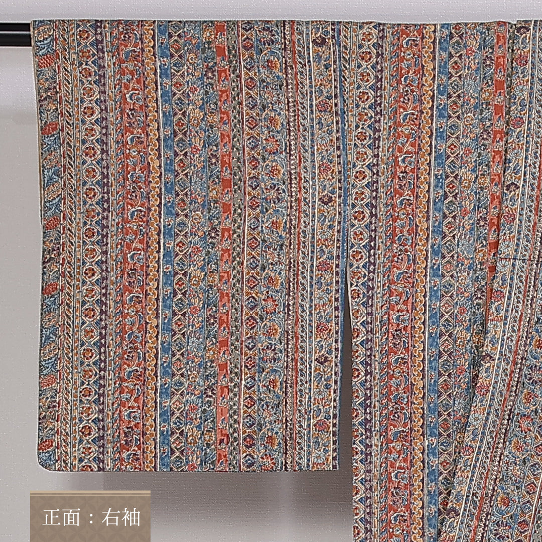 洗える着物 小紋 袷 身丈158cm 裄丈62cm ポリエステル Sランク インフォーマル 広衿 Mサイズ 縞 花柄 茶系 RP 1221-10083