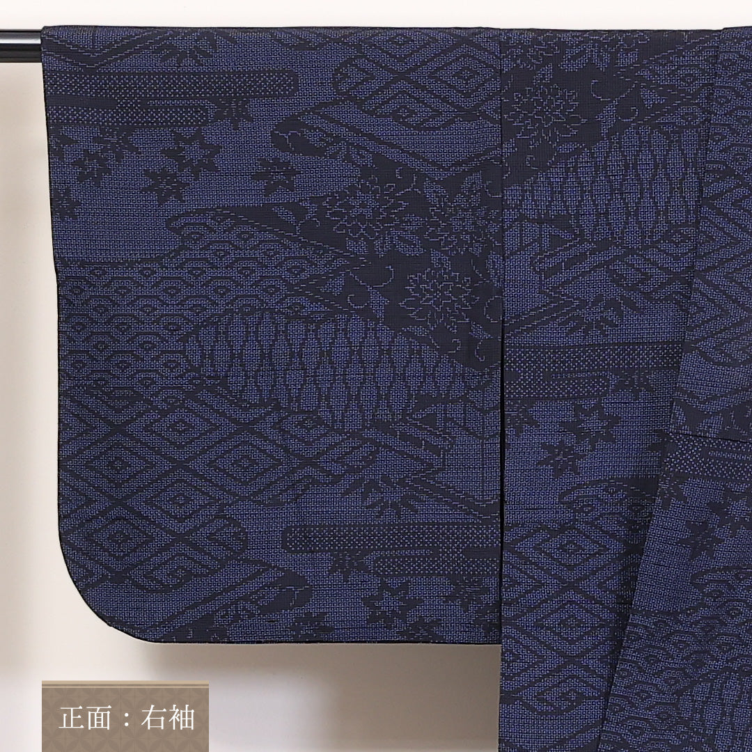 紬 単衣 身丈160cm 裄66.5cm 正絹 茶屋辻 居敷当て 紺系 Aランク 1216-01196