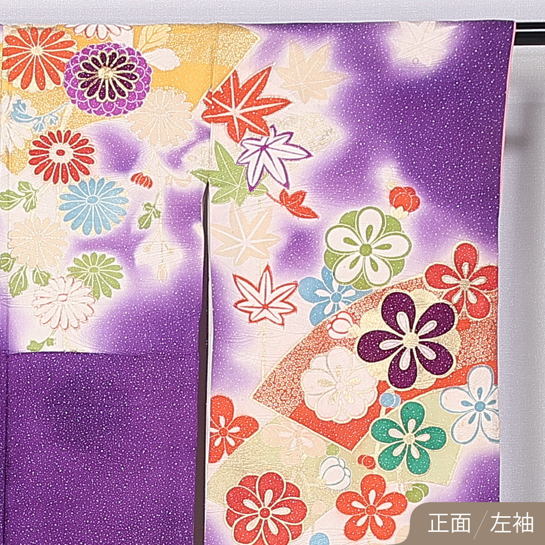 振袖 身丈157cm 裄丈65cm 袷 正絹 Cランク 広衿 菊 梅 紅葉 金駒刺繍 扇 1213-F0391
