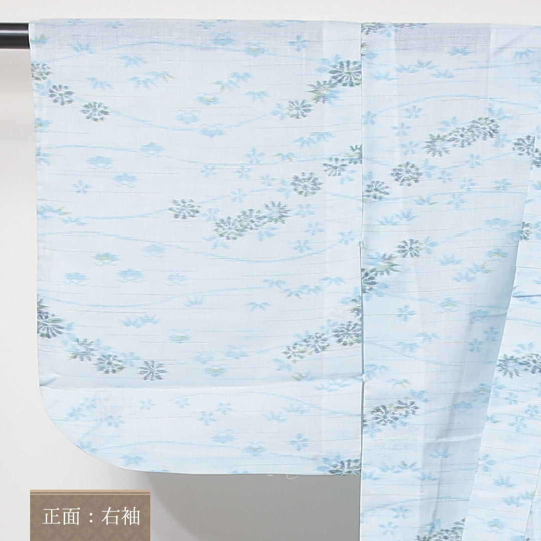 小紋 洗える着物 単衣 身丈148cm 裄丈62cm 綿麻 Bランク XSサイズ バチ衿 インフォーマル 居敷当て 肩当て 流水 笹 水色系 1215-02206