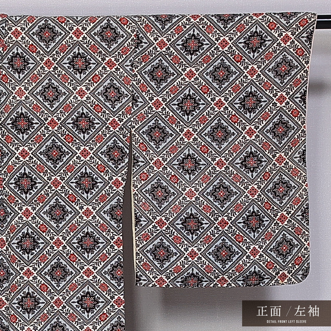 小紋 袷 身丈152cm 裄丈63cm 正絹 Bランク インフォーマル バチ衿 Sサイズ 菱 クリーム系 RP 1221-11254