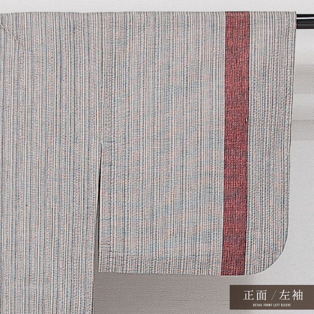小千谷縮 夏物 洗える着物 身丈149cm 裄丈62cm Sランク 麻 バチ衿 XSサイズ カジュアル 縞 素朴 落ち着き グレー系 1216-14417